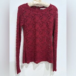 Forever 21 Red Contemporary Floral Lace Sheer Long Sleeve Blouse, Medium EUC